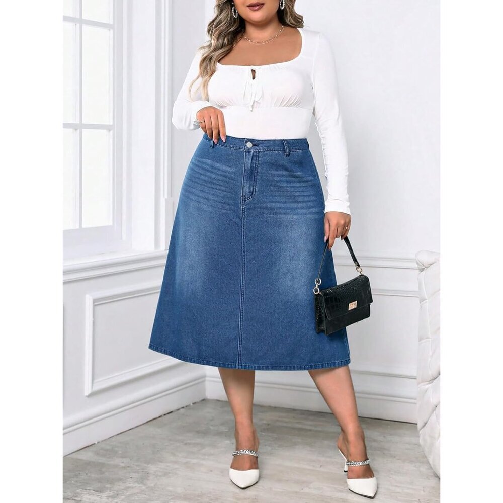 Women's Plus Size Jean Midi Skirt High Waisted A-Line Casual Comfort - Picture 2 of 6